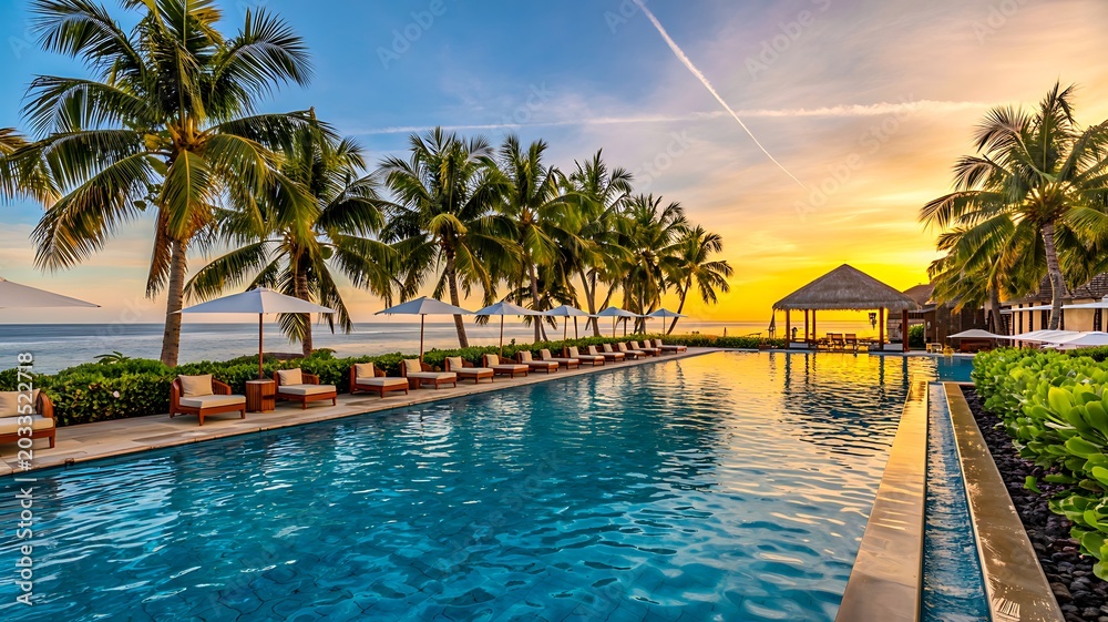 Fototapeta premium Luxury tropical resort swimming pool with palm trees and ocean vacation destination