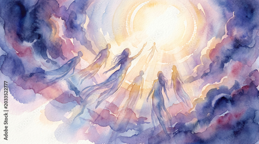 Fototapeta premium Spiritual Afterlife Ascension With Souls Rising Into Heavenly Light JPG