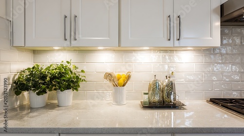 Modern white kitchen countertop with decor and under cabinet lighting.