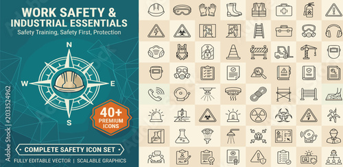 Work safety line icon set. Includes safety training, Safety first, hard hat, insurance, first aid kit, risk management, regulation, and more. Editable stroke. Full Vector.