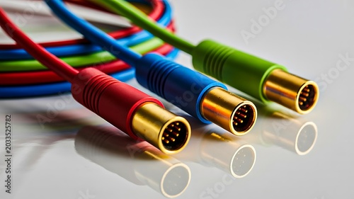 Colorful audio and video connector cables isolated on white background close up