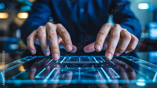 Hands typing on futuristic digital keyboard with advanced technology interface concept