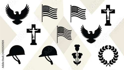 Cuadro en lienzo Bold black silhouettes of patriotic symbols military helmets eagles crosses and