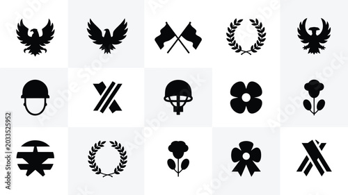 Photography Black and white vector icons featuring patriotic symbols military helmets flags