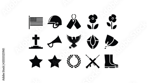 Fotografía Set of 12 minimalistic black and white icons symbolizing military patriotism and