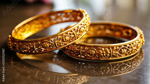 Elegant golden wedding rings with intricate design on reflective surface close up