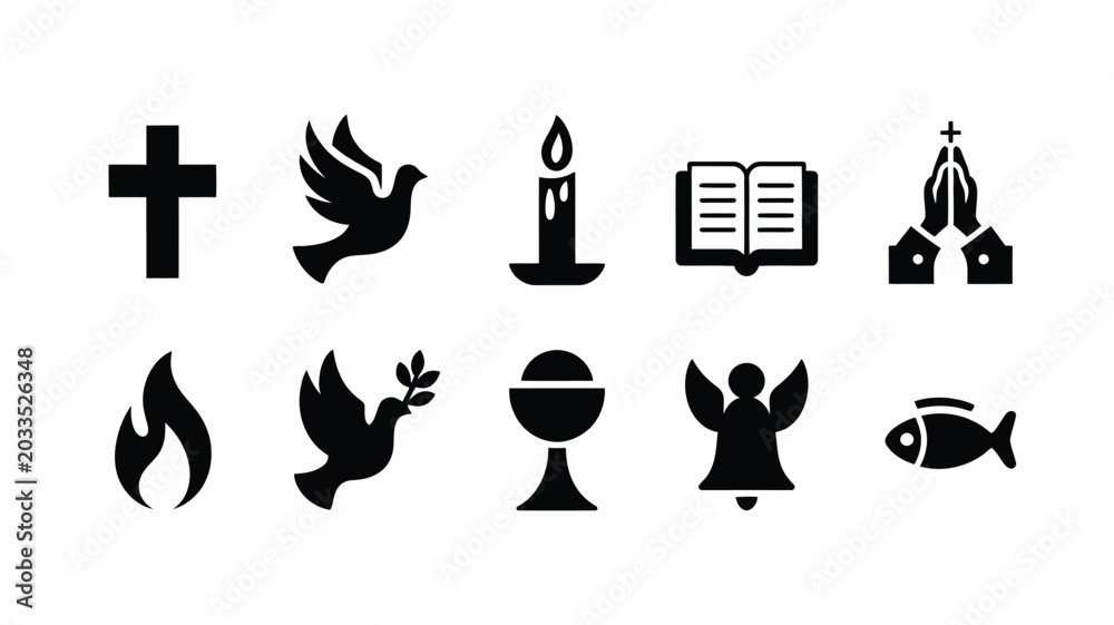Naklejka premium Collection of sacred symbols and religious icons in silhouette representing faith spirituality and divine grace including cross dove candle bible praying hands flame chalice angel