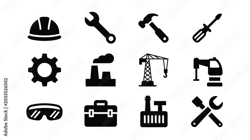 Fototapeta premium Collection of 12 industrial icons including tools and machinery on white background for engineering and construction concepts