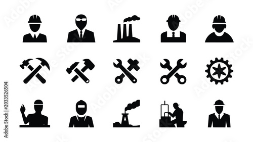 Foto Industrial icons set with workers tools and factory symbols in black silhouette