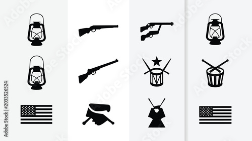 Bild auf Leinwand Collection of historical american civil war era icons including lanterns rifles