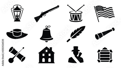 Bild auf Leinwand Collection of historical american revolution icons and symbols in black silhouet
