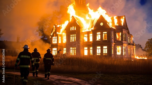 Firefighters battling massive residential house fire at night with dramatic flames and smoke
