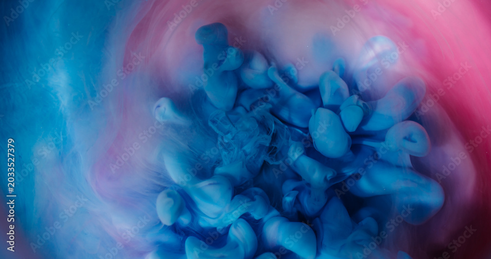 Naklejka premium Defocused fume wave. Ink steam. Colorful smoke underwater art curl explosion. Blue pink purple vapor mixing on abstract background.
