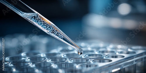 a laboratory pipette transferring liquid into a well plate for scientific research and experiments, precision tools for laboratory work