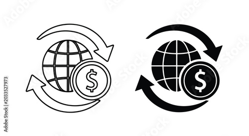Global money transfer icon for international - Clipart, sticker - icon set - Line and glyph solid icon and logo template 
