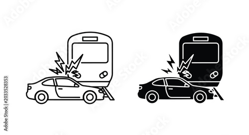 Car train vehicle collision icon set - Glyph and solid icon set - Icon vector - logo icons. Blue, Black and white icons