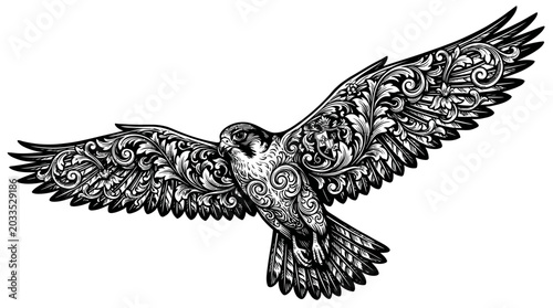 Foto Majestic Ornate Falcon Flying Engraving, Detailed Black and White Artwork on Iso