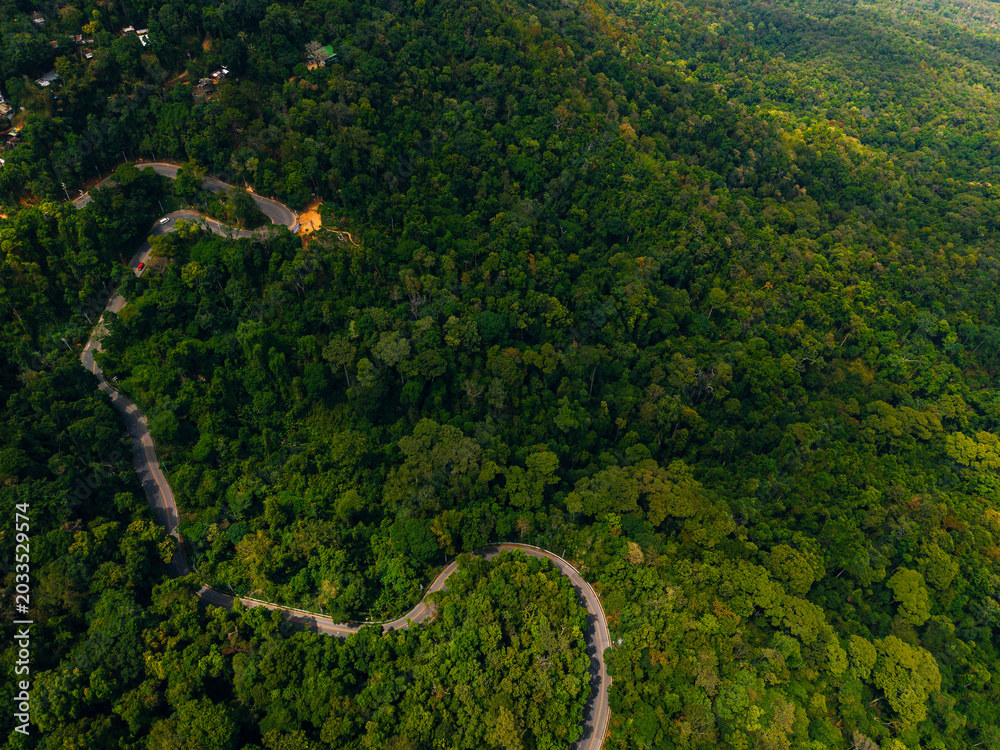 Fototapeta premium Winding road snaking through dense forest from above, travel trip to Thailand concept
