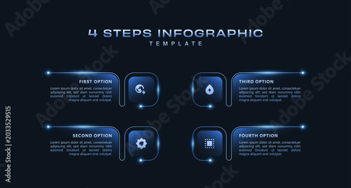 Futuristic 4 step workflow infographic with glowing blue digital elements, modern business process presentation, clean vector technology visualization template design