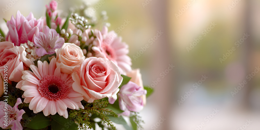 Obraz premium Elegant bouquet with pink roses, gerbera daisies, and alstroemeria flowers in vase on blurred background.