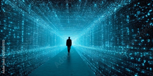 Mysterious silhouette of a person walking through a futuristic tunnel illuminated by digital data streams and binary code atmosphere