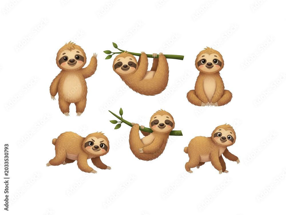 Obraz premium Adorable sloths hanging on branches and walking cartoon cute animals