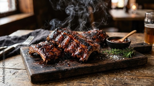 A large rack of ribs is presented on a wooden cutting board, glistening with barbecue sauce and emitting a plume of smoke. A fork, spoon, and rosemary sprig are arranged around the ribs.
