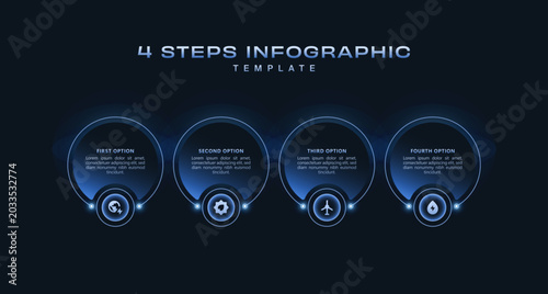 Futuristic 4 step workflow infographic with glowing blue digital elements, modern business process presentation, clean vector technology visualization template design