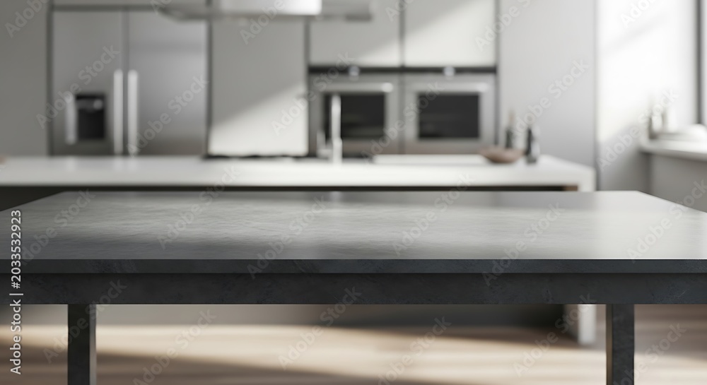 Fototapeta premium Empty dark stone table in a modern blurred kitchen interior for product placement