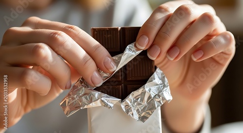 Dark chocolate bar being unwrapped by female hands, silver foil and paper packaging, gourmet cocoa dessert snack, close up of hands opening a sweet treat