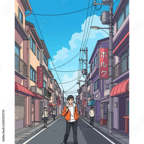 Anime style vector illustration of a young man in an orange jacket standing on a narrow Japanese city street with utility poles, overhead power lines, buildings, and a blue sky.