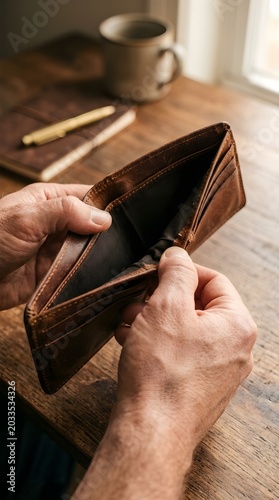 A person's hands holding an empty leather wallet, symbolizing financial concerns or a need for budgeting and saving money