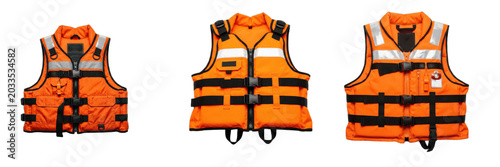 Bright Orange Life Jackets and Safety Vests Front View on White Background


