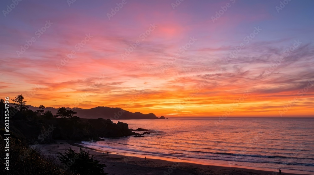 Obraz premium A vibrant sunset over the ocean with a rocky shoreline and distant mountains in the background.