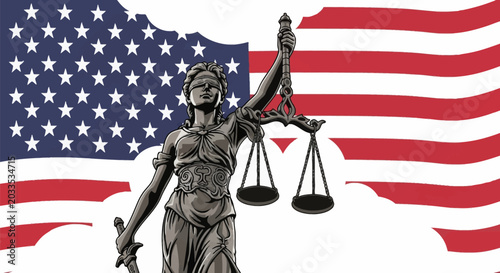 Detailed vector illustration of Lady Justice holding the scales of balance and a sword, featuring a blindfolded woman in classical robes over a stylized United States flag backdrop.