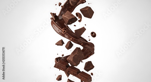Liquid chocolate splash with falling dark chocolate chunks, swirling cocoa flow on white background, dynamic chocolate explosion for dessert branding