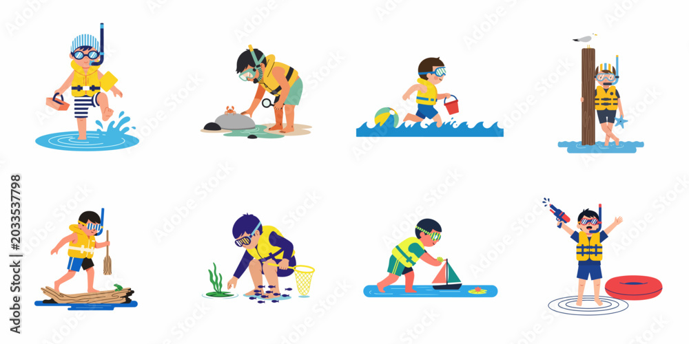 Fototapeta premium A set of illustrations featuring a young boy enjoying various summer water activities, including snorkeling, fishing, and playing with beach toys.