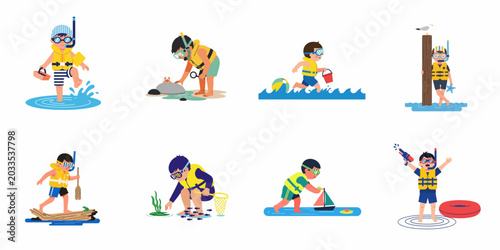 A set of illustrations featuring a young boy enjoying various summer water activities, including snorkeling, fishing, and playing with beach toys.