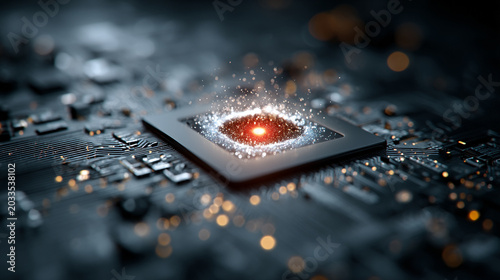 Quantum computing chip with glowing core on circuit board in high-tech environment