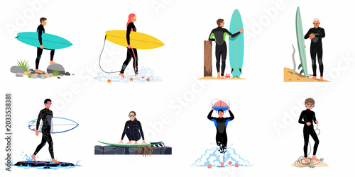 Bild auf Leinwand Diverse flat vector illustration set featuring male and female surfers of different ages in wetsuits with surfboards at the beach