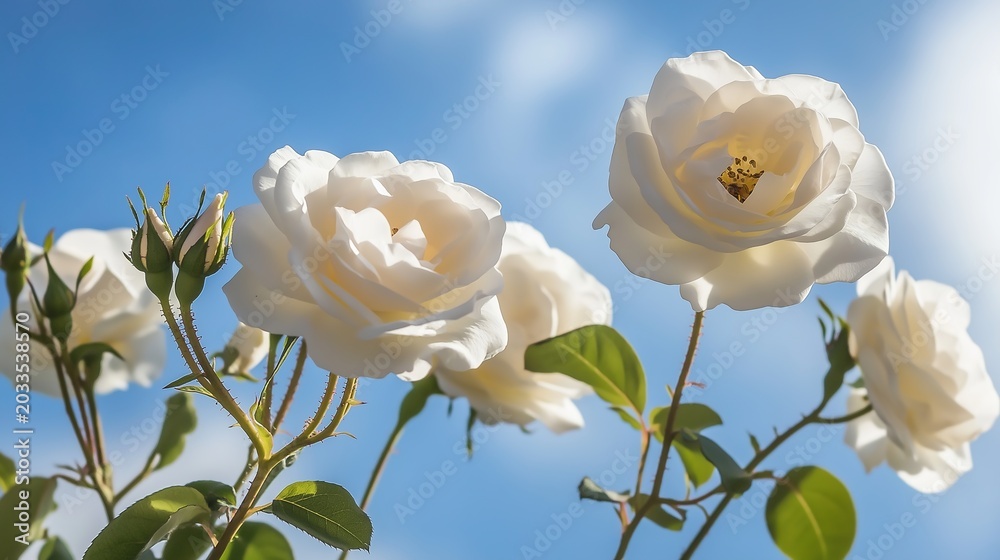 Obraz premium bush. White bush roses blooming vibrantly against a clear blue sky, bathed in soft sunlight. gardening catalogs, home-decor guides, designed for gardening and botanical catalogs, celebrates nature.