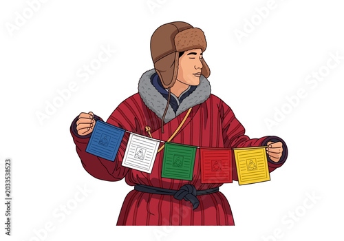 A man in traditional Himalayan clothing holding colorful prayer flags.