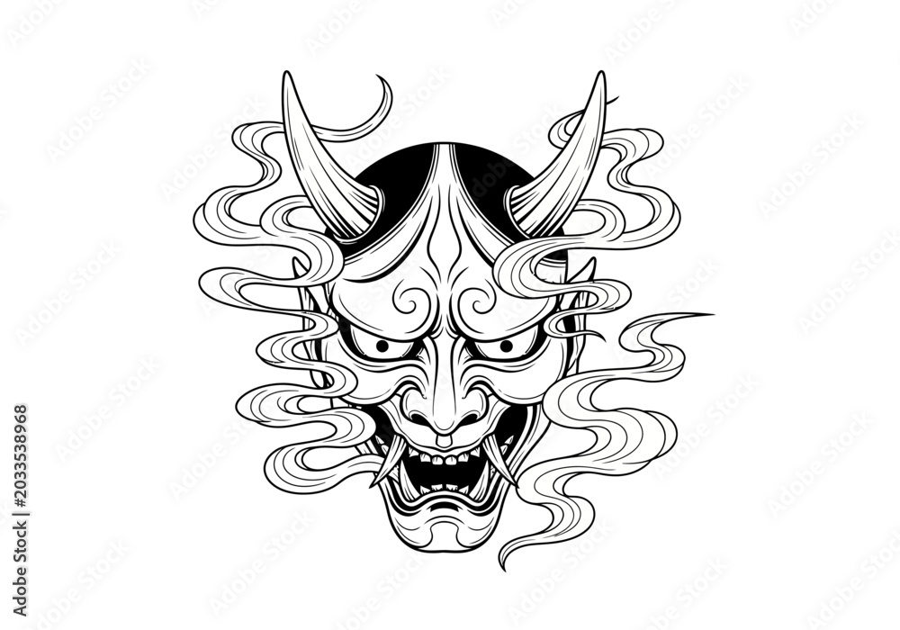 Obraz premium Detailed black and white line art of a traditional Japanese Hannya demon mask with swirling smoke.