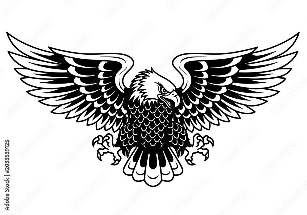 Fototapeta premium Black and white illustration of a majestic eagle with wings spread wide.