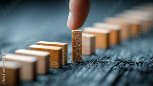 Business risk management concept with wooden blocks and a hand placing a block on a table