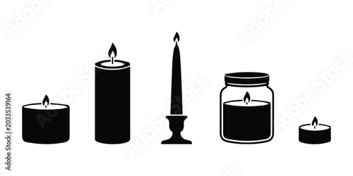 Bild auf Leinwand Candle types set — pillar, taper, jar, tealight icon Silhouette Vector black des
