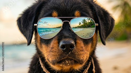 Cool dog wearing aviator sunglasses and tropical bandana sitting on a sunny sandy beach near turquoise ocean water