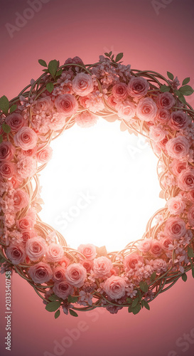 A beautiful wreath made of delicate pink roses and intertwined branches, glowing from within.