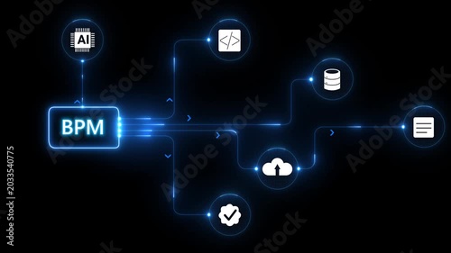 BPM Business Process Management Concept with Global Network and Icons efficiency workflow . 4k motion video on transparent background.