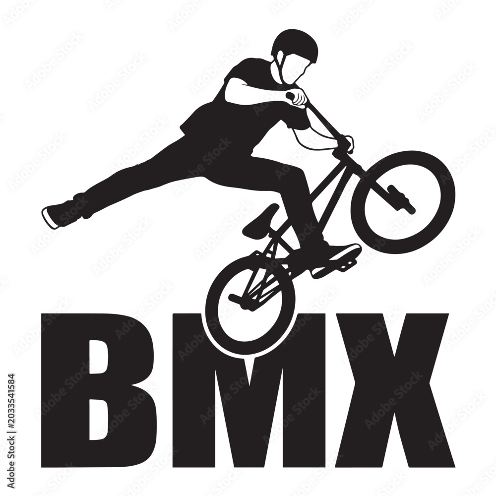 Fototapeta premium Vector art of a young man performing BMX tricks with large BMX lettering, featuring extreme cycling action and energetic sports event vibes.